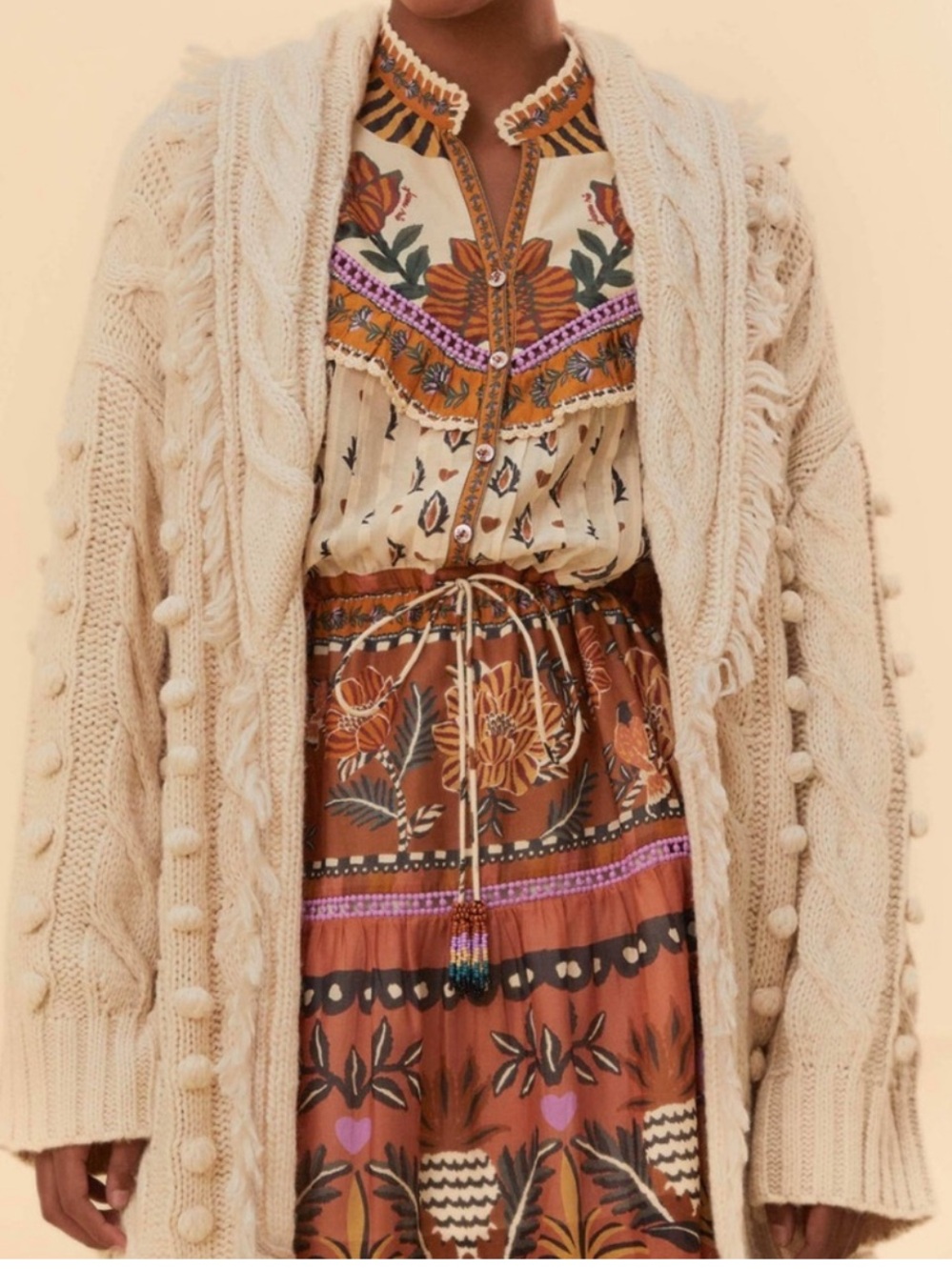Farm Rio Khaki cream Braided Knit wrap Cardigan rope belt fall vibes sz small S - Picture 3 of 13